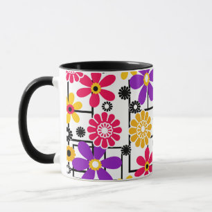 Caneca Retro de flores, retrato brilhante, floral, vermel