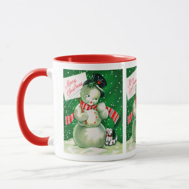 Caneca retro do feriado do boneco de neve do natal (Esquerda)