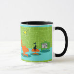 Caneca retro do gatinho da era espacial<br><div class="desc">Diz-se que os cães têm proprietários e os gatos têm funcionarios. O felino nesta caneca retro do gatinho da era espacial não podia concordar mais! O estilo dos anos 60, características de design minimalistas da arte um gato lustroso, preto em uma sala de visitas moderna do meio século. A sala...</div>