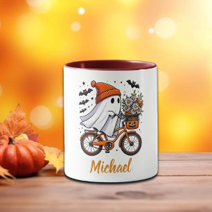 Caneca Retro Fantasma no Halloween de Bicicleta