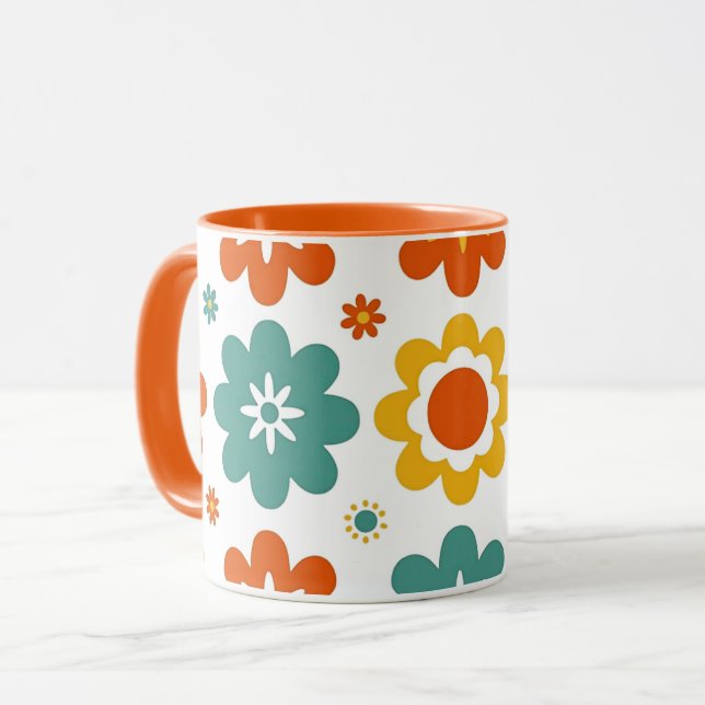 Caneca Retro Geométrico Flor do Poder Boho dos Anos 70 (Frente Esquerda)