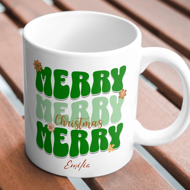 Caneca Retro Groovy Green - Nome do Boho de Natal Feliz (Criador carregado)
