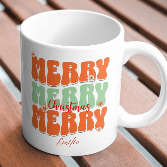 Caneca Retro Groovy Merry Christmas Custom Name Boho (Criador carregado)