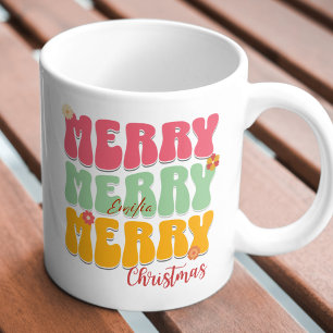 Caneca Retro Groovy Pink Feliz de Natal Feliz Nome Boho d