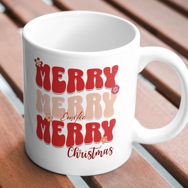 Caneca Retro Groovy Red Merry Christmas Boho Name (Criador carregado)