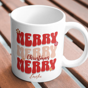 Caneca Retro Groovy Red Merry Christmas Boho Name