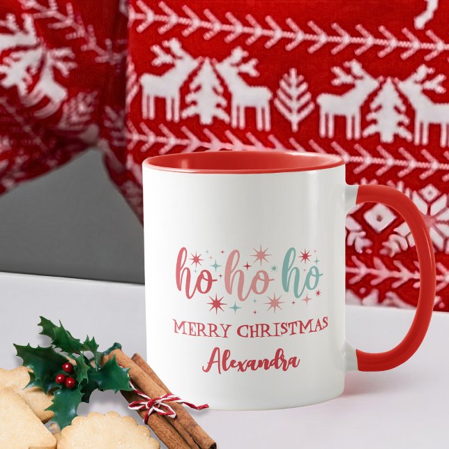 Caneca Retro Ho Ho Ho Merry Christmas Custom Name (Criador carregado)