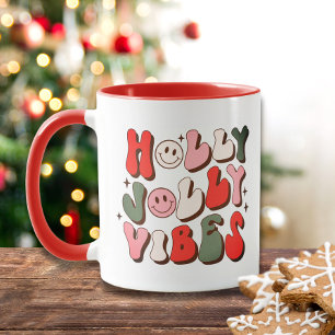 Caneca Retro Natal Holly Jolly Vibes Feriados de Trendy