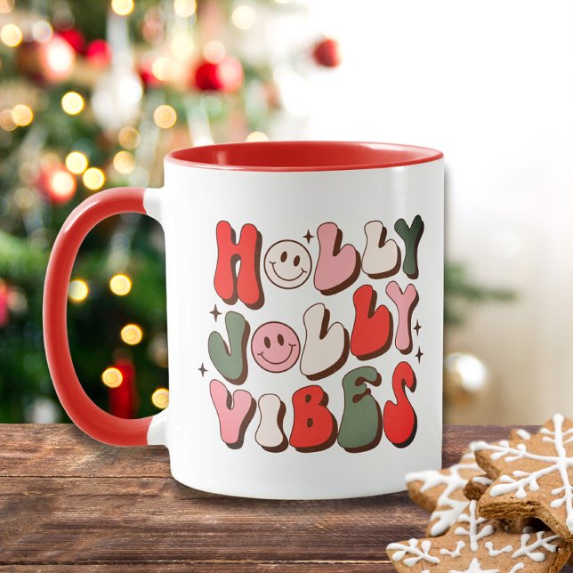 Caneca Retro Natal Holly Jolly Vibes Feriados de Trendy (Criador carregado)