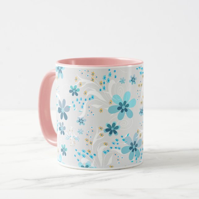 Caneca Retro, padrão floral, azul, cinza (Frente Esquerda)