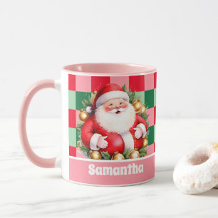 Caneca Retro Santa Claus Tartan Xadrez Natal Rosa