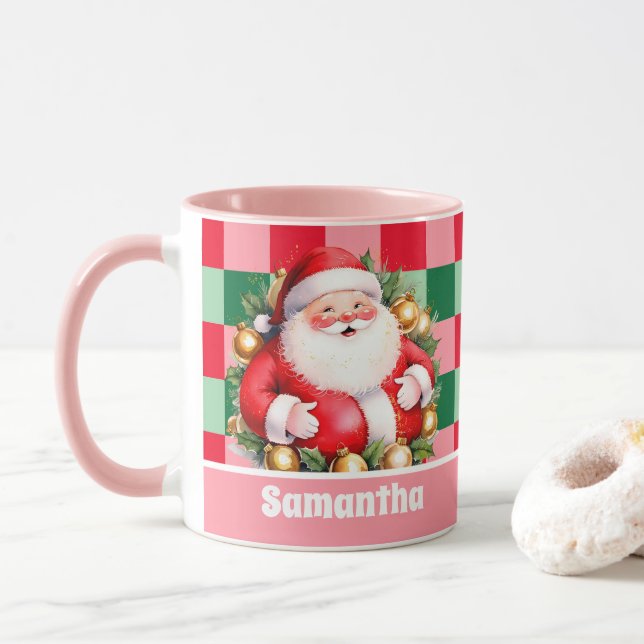 Caneca Retro Santa Claus Tartan Xadrez Natal Rosa (Com Donut)