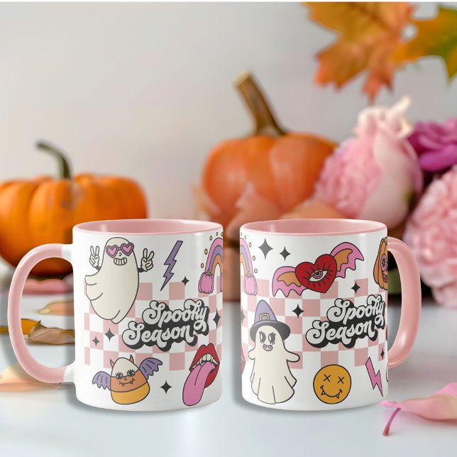 Caneca Retro Verificado na temporada Spookly Feliz Hallow (Retro Checked Spooky season girly Happy Halloween Mug)