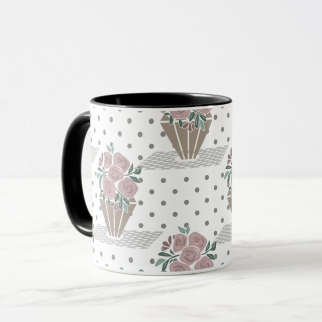 Caneca Retro vintage floral sem costura flores bolinhas b (Frente Esquerda)