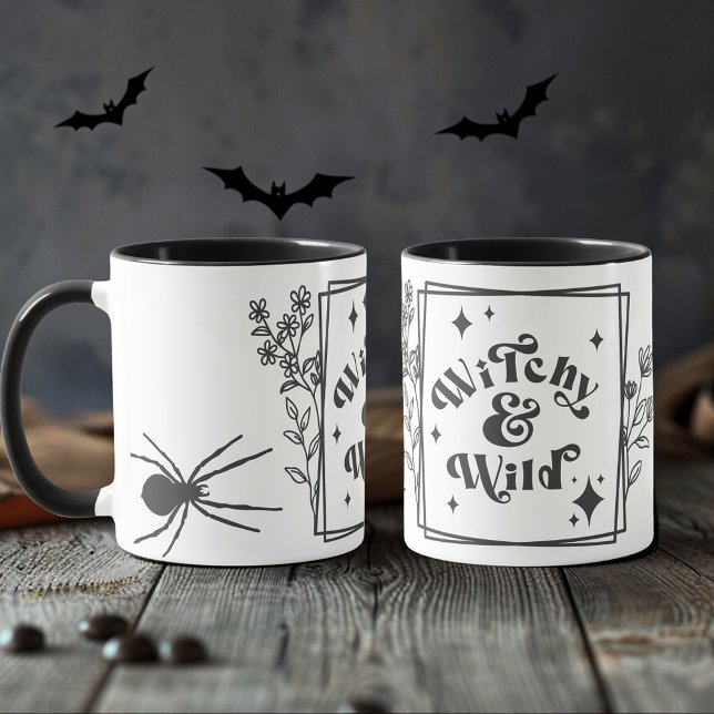 Caneca Retrorando o preto das bruxas e do Feliz Dia das B (Witchy and Wild retro black Happy Halloween Mug)