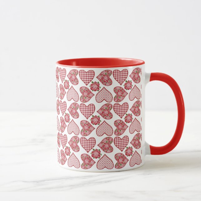 Caneca Ringer Mug Romântico, Corações em Fundo Branco (Direita)