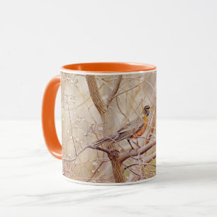 Caneca Robin Bird na Copa da Árvore de inverno