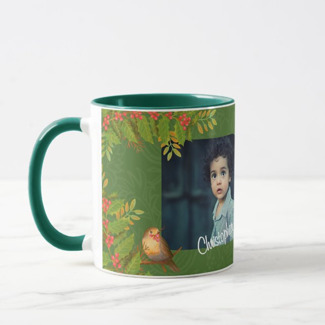 Caneca Robin Birds Holly Berry Foto Verde (Esquerda)