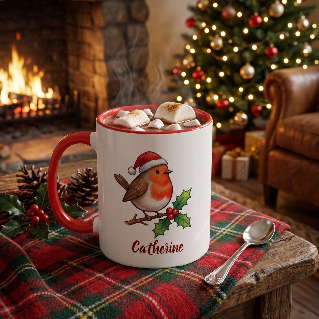 Caneca Robin de Natal Personalizado com Chapéu de Papai N (Criador carregado)