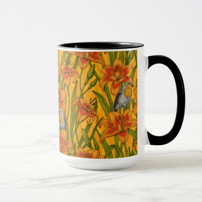 Caneca Robins e flores, cor de laranja e verde (Direita)