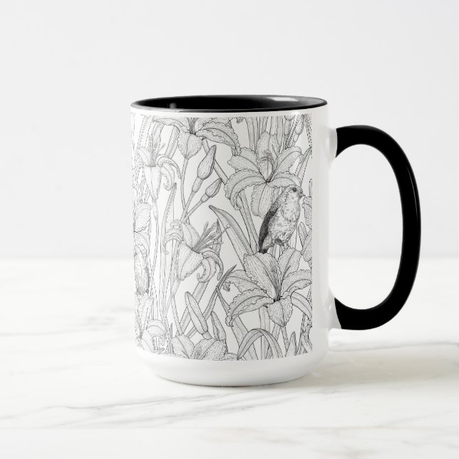 Caneca Robins e flores, preto e branco (Direita)