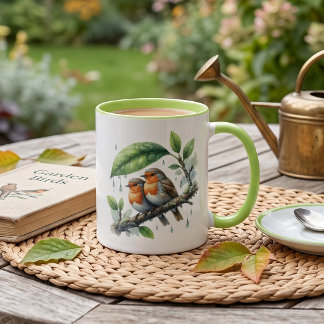 Caneca Robins Fofos Sob Guarda-Chuva de Folha