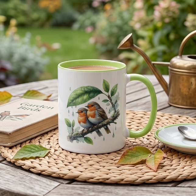 Caneca Robins Fofos Sob Guarda-Chuva de Folha (Criador carregado)