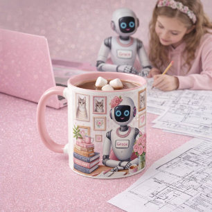 Caneca Robô de IA Girly Tech Grace Rosa Brilho