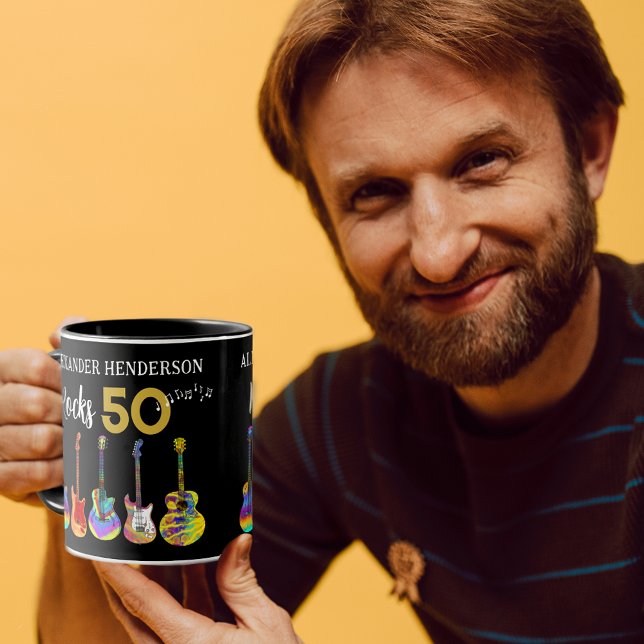 Caneca Rock and Roll 50th Birthday Guitars (Rock and roll personalized rocks 50 funky psychedelic guitars coffee mug for him)