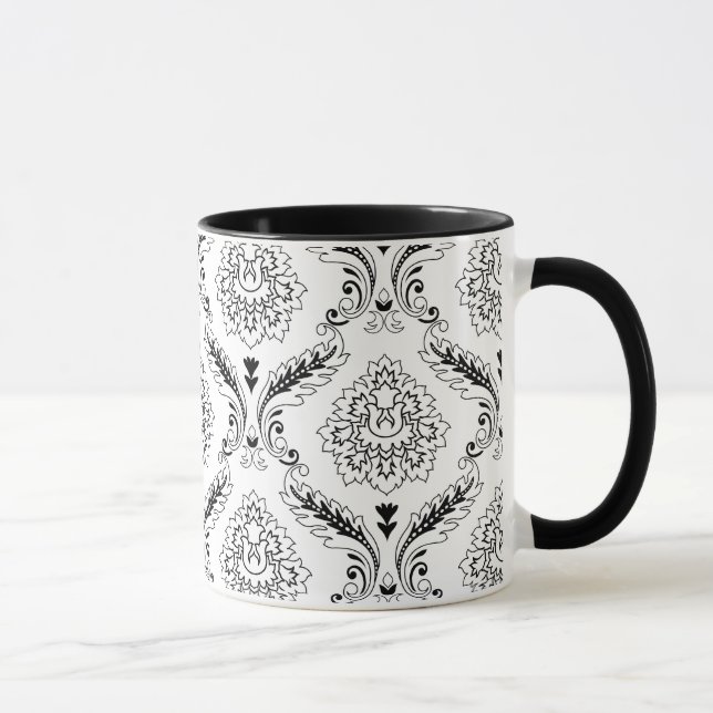 Caneca Rococo Damask Line Pattern Black on White (Direita)