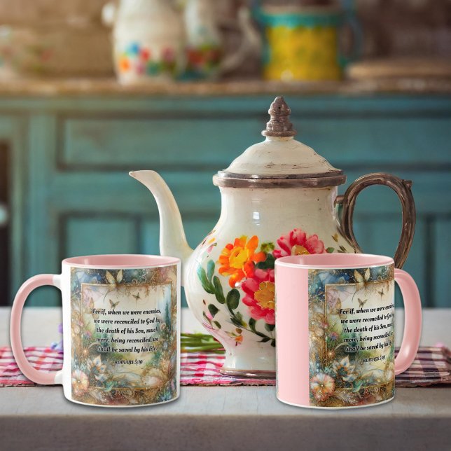 Caneca Romanos 5:10 Escrituras Douradas Elegantes Rosa (Criador carregado)