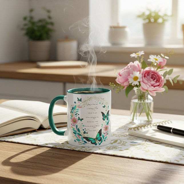 Caneca Romanos 8:28 Flores e borboletas  (Criador carregado)