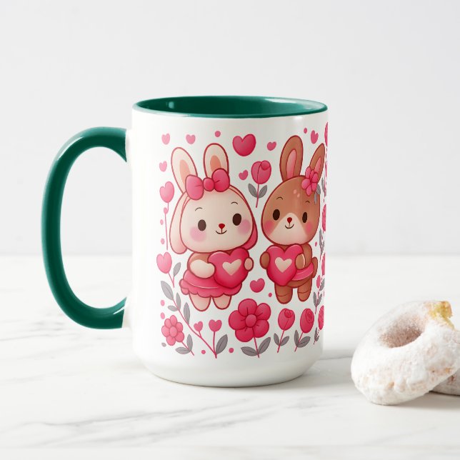 Caneca Romantic Bunny Couple Heart Ceramic Mug (Com Donut)