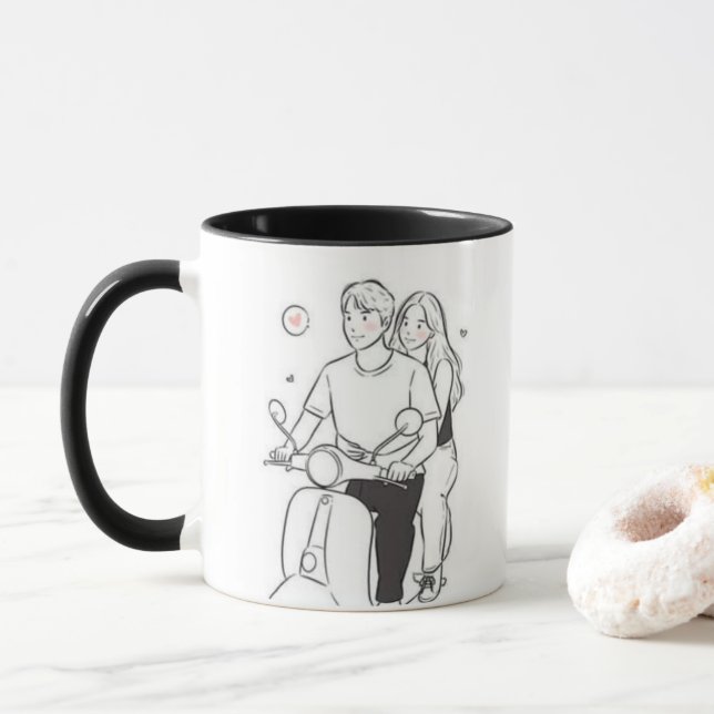Caneca Romantic Couple on Scooter – Cute Minimalist Love  (Com Donut)