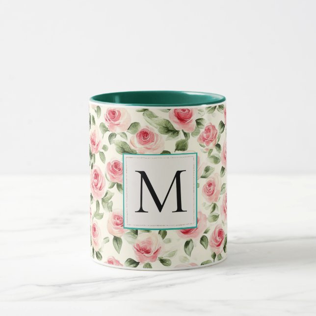 Caneca Romantic Teal Blush Pink Roses Floral Monogram (Centro)