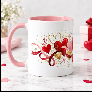 Caneca Romântica Corações Vermelhos e Dourados AMO