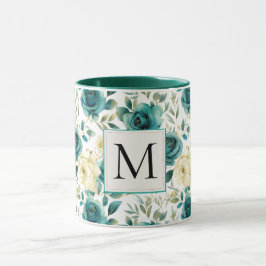 Caneca Romântico Creme Verde Rosa Floral Monograma Românt
