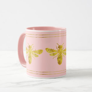 Caneca Rosa Bege Abelha Dourada da Moda