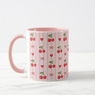 Caneca rosa com cerejas vermelhas e laços e coraçõ