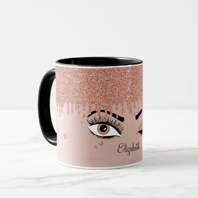 Caneca Rosa cor-de-rosa Dourado Eyelashes Derrubando Nome (Frente Esquerda)