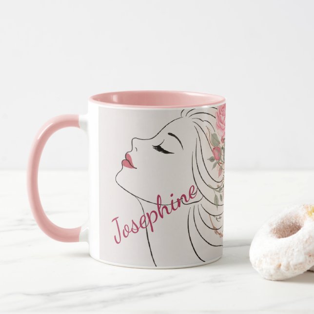 Caneca Rosa Cor-de-Rosa Personalizada Floral Cabelo Mulhe (Com Donut)