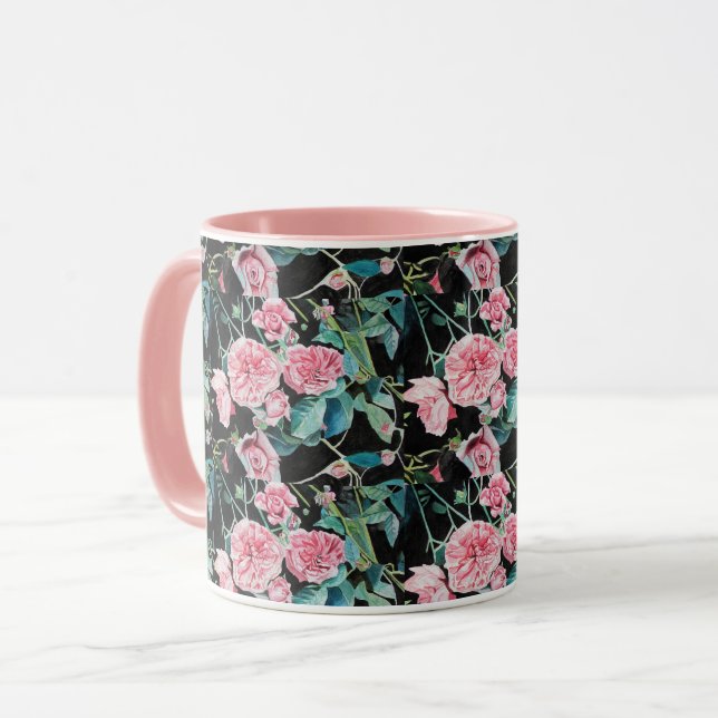 Caneca Rosa cor-de-rosa Rosa Mug floral aquarela (Frente Esquerda)