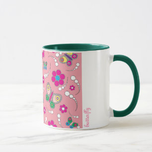 Caneca rosa da borboleta do teste padrão