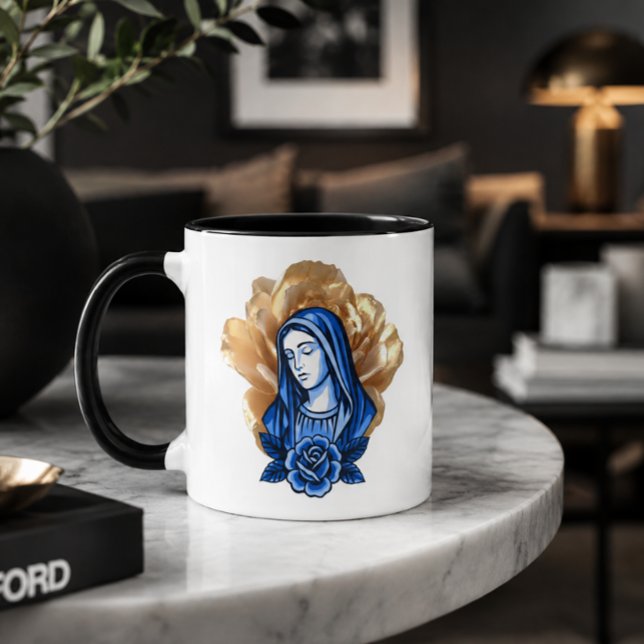 Caneca Rosa Dourada Mãe Maria Azul Presente Católico Cris (Criador carregado)