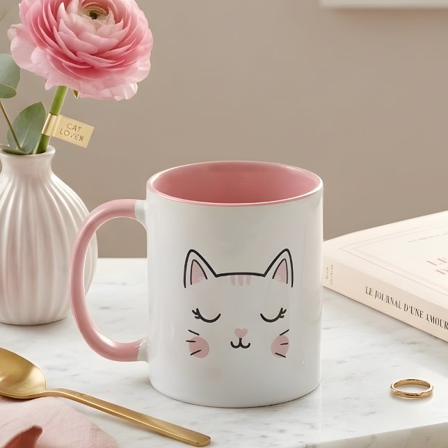 Caneca Rosa e Branca com Rosto de Gatinho Sonolent (Criador carregado)