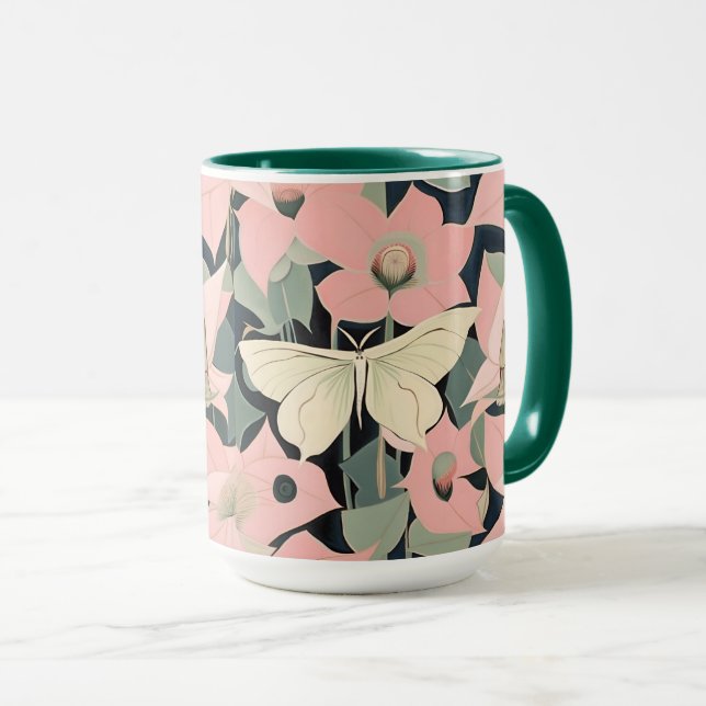 Caneca Rosa e Creme - Luna Moth e Moonflower (Frente Esquerda)