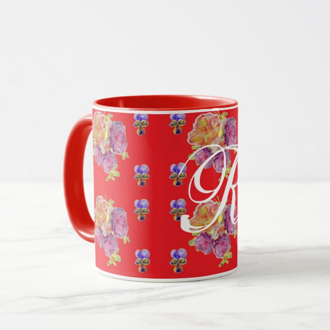 Caneca Rosa  Padrão Floral inicial do Chique rosa vermelh (Frente Esquerda)
