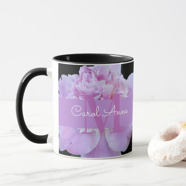 Caneca Rosa Púrpura Monograma Floral Preto (Com Donut)