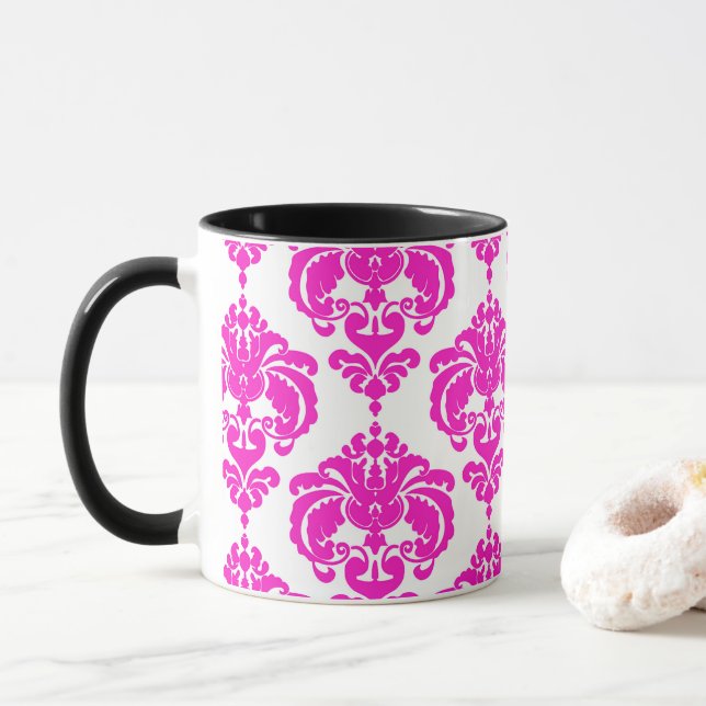Caneca Rosa Quente & Branco Padrão Damask Elegante Chic (Com Donut)