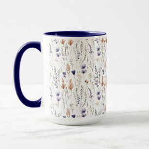 Caneca Rosa Roxo Azul Bege Flores Silvestres Botânico Boh
